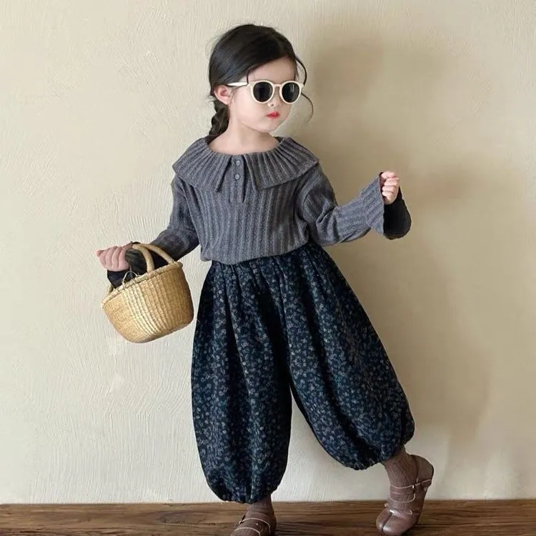 新款女童春秋装洋气休闲长袖针织衫格子裤子两件套潮宝宝