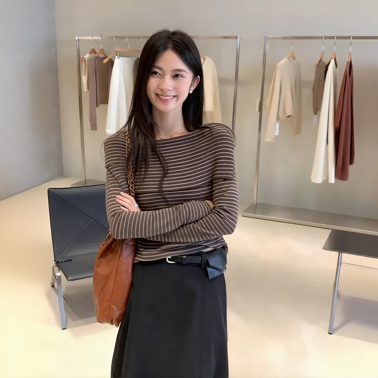 韩系女款一字肩T恤条纹上衣女早秋季高级感chic别致长袖打底衫潮