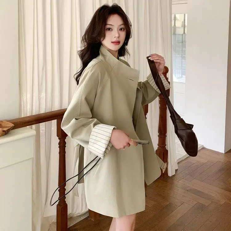 立领女中长款拼接常规风衣上衣卡其色小个子2025年时尚百搭外套潮