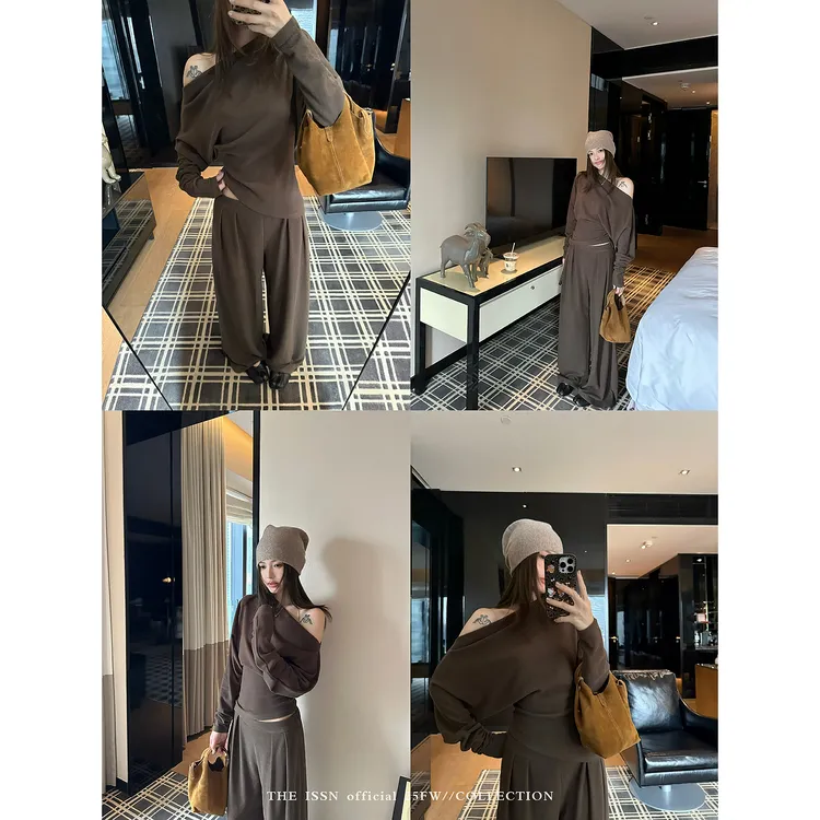 THEISSN宁司 斜肩收腰长袖T恤女松紧腰压褶长裤套装 01504/01505