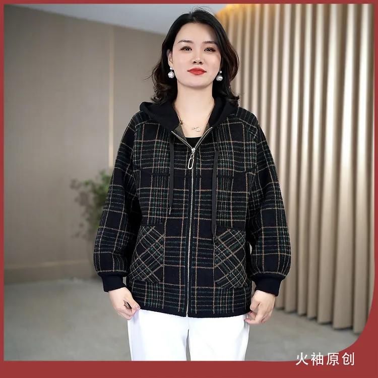 火袖G1801中老年女装时尚女士连帽早秋新款保暖百搭妈妈装短外套