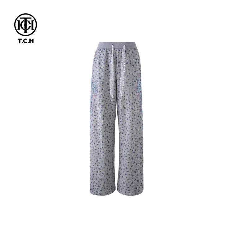 TCH-潮牌时尚25春夏烫钻工艺休闲灰色运动直筒长裤T75A20E5076