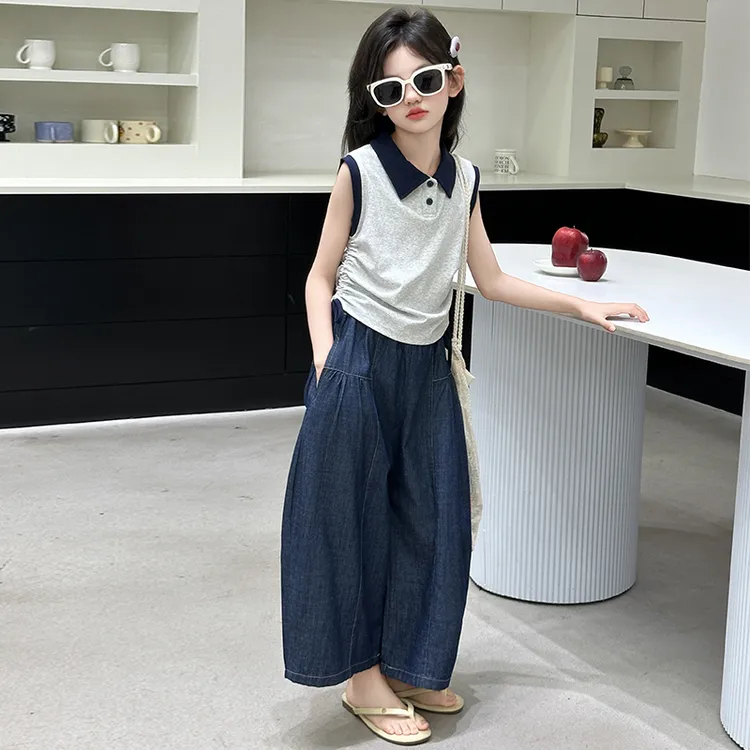 女童夏季潮酷套装6-12岁洋气女孩无袖上衣阔腿裤时髦夏装两件套潮