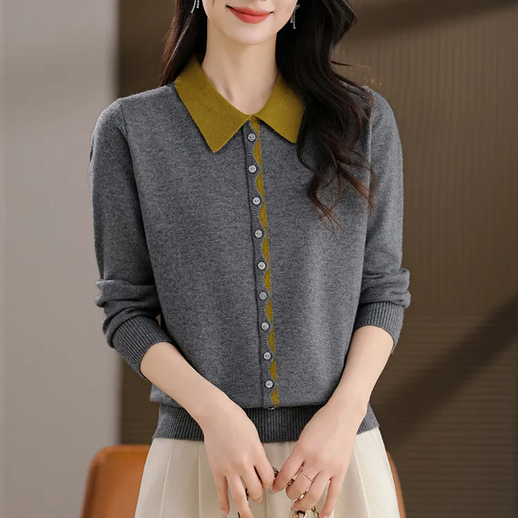 娃娃领毛衣女士春秋长袖上衣2025新款中年妈妈翻领针织打底衫气质