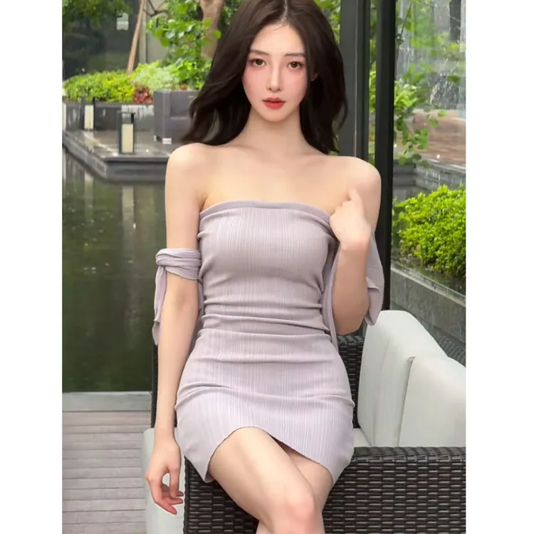 2025夏季新款纯欲性感显身材露肩系带包臀抹胸连衣裙修身显瘦短裙