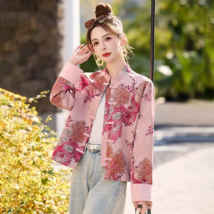 高档正品春新款女装国风盘扣立领印花宽松外套潮牌文艺复古聚酯纤