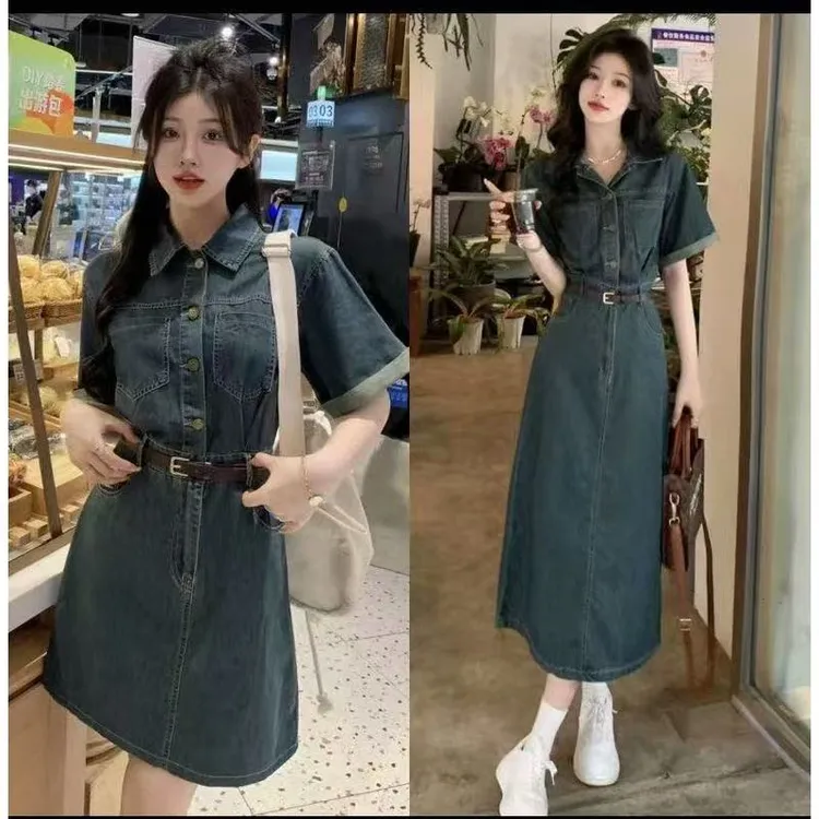 夏季新款休闲气质短袖牛仔连衣裙女收腰高级感复古chic小个子长裙