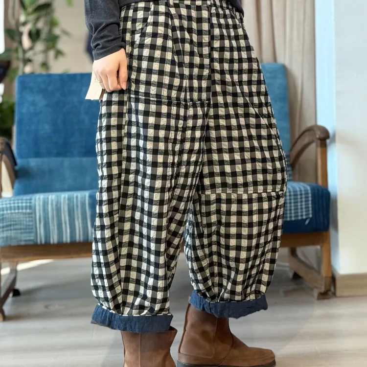 忆古朴拙2510808色织盐缩格子八分棉裤