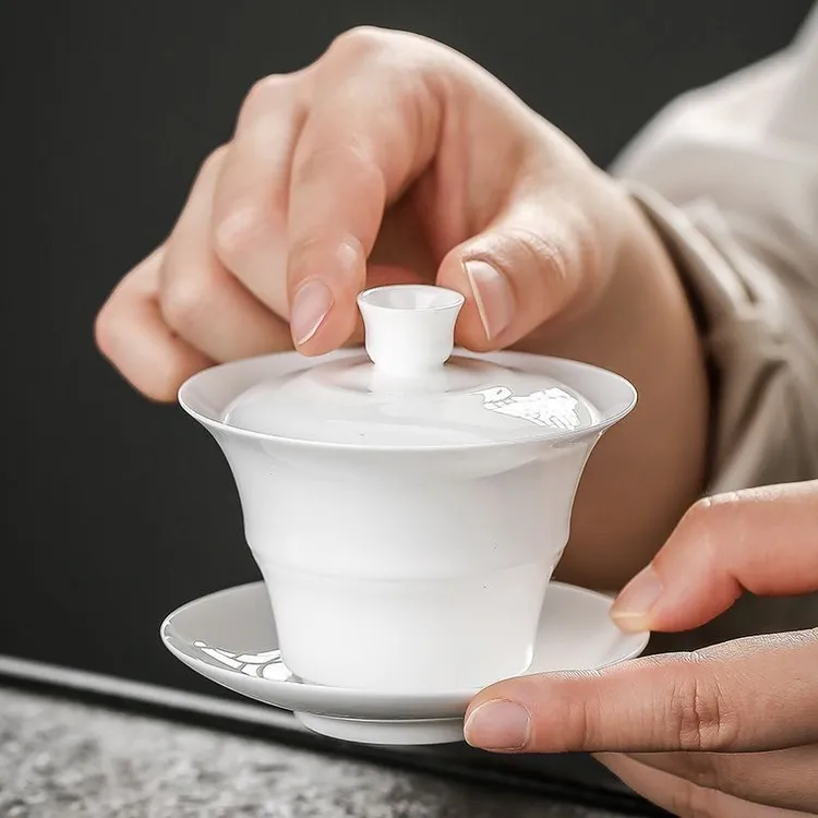 骨瓷薄胎竹节盖碗茶杯家用单丛泡茶碗悬停白瓷三才碗潮汕功夫茶具