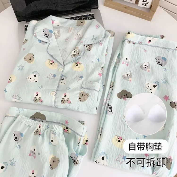 【链接有胸垫版可选】带胸垫短袖长裤三件套睡衣女夏季学生家居服