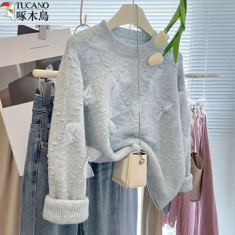 TUCANO/啄木鳥秋冬新款慵懒风甜美针织网纱蝴蝶结套头宽松毛衣女