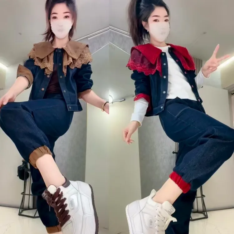 欧货时尚重工牛仔套装秋新款牛仔拼接翻领蕾丝洋气上衣宽松休闲裤