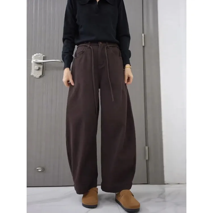 美式弯刀裤牛仔裤女秋冬加绒加厚高腰显瘦大码网红洋气阔腿裤子