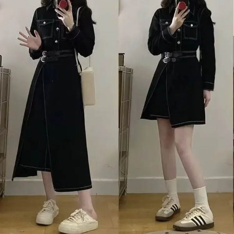 2025秋季新款大码女黑色牛仔收腰显瘦一片式不规则下摆连衣裙6153