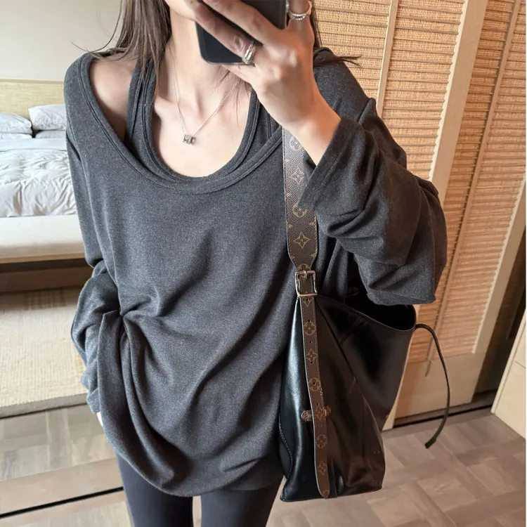 懒人音符超软糯松弛慵懒感大领口背心假俩件休闲宽松长袖T恤女N