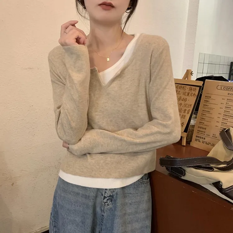 温柔杏色ins风软糯假两件针织毛衣女打底衫秋装冬季内搭ootd上衣