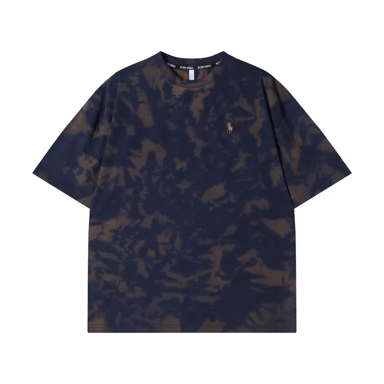 夏季新款高级感韩版扎染刺绣标圆领短袖T恤复古情侣潮流上衣