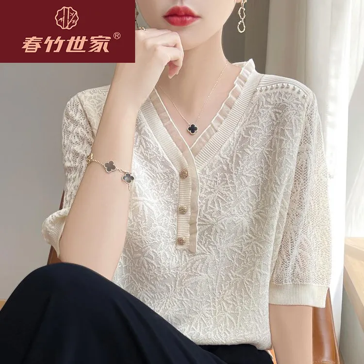 春竹世家名品牌V领蕾丝花边针织短袖T恤女夏季薄款镂空钉珠时尚