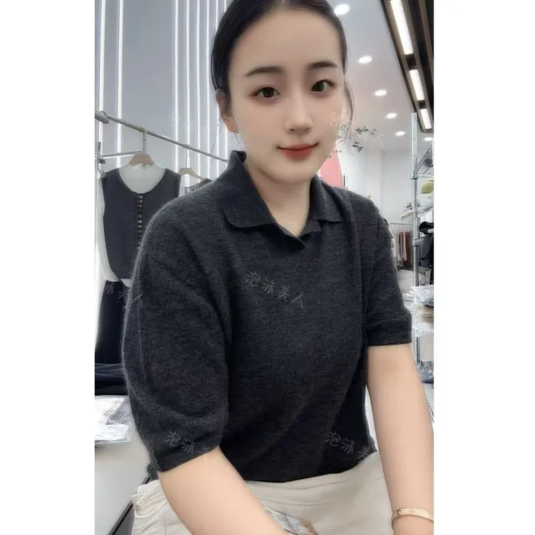 岩雾灰翻领半袖」老板娘自留！显瘦宽松深灰色时尚百搭针织套头衫