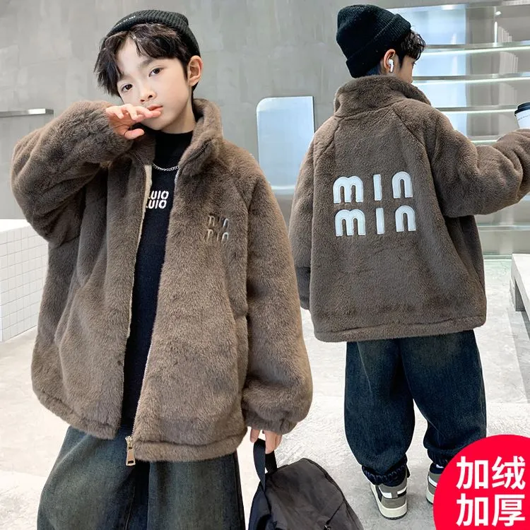 男童外套秋冬款2024新款冬季加绒加厚中大儿童冬装羊羔绒毛毛棉服