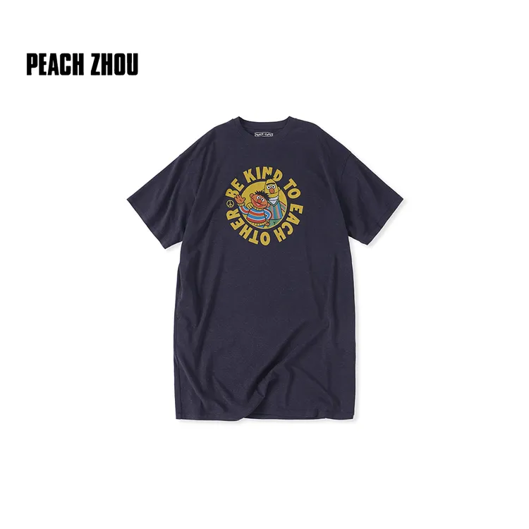 PEACHZHOU 莱赛尔亚麻芝麻街T恤裙卡通印花中长款短袖6XT30518