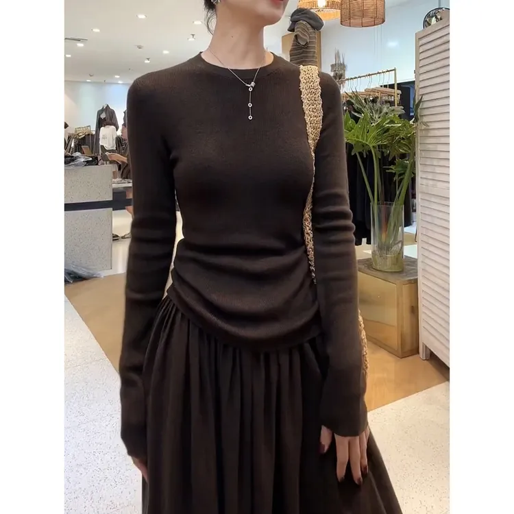 时尚洋气裙套装女2025秋季新款韩系纯色慵懒设计感针织衫+半身裙