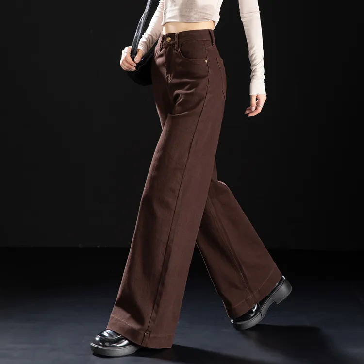 咖啡色直筒牛仔裤女2025年流行网红女裤秋冬加绒加厚阔腿宽松长裤