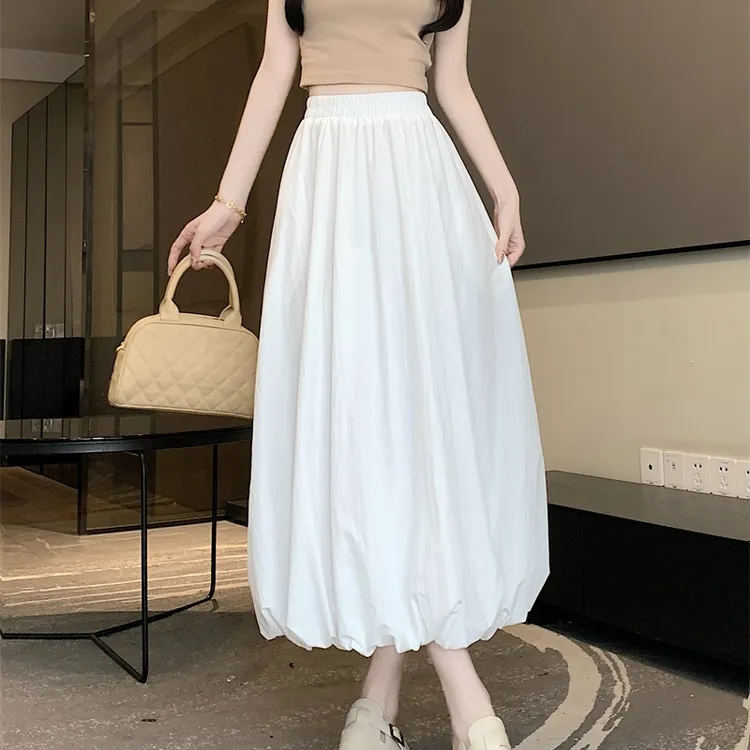 白色设计感蓬蓬花苞裙女春夏新款小个子高腰显瘦A字半身裙长裙子
