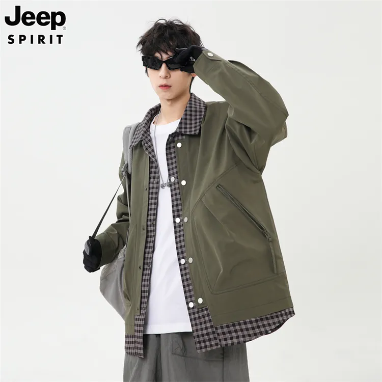 JEEP吉普fitcheck外套男士秋季新款加大码宽松潮流假两件夹克上衣