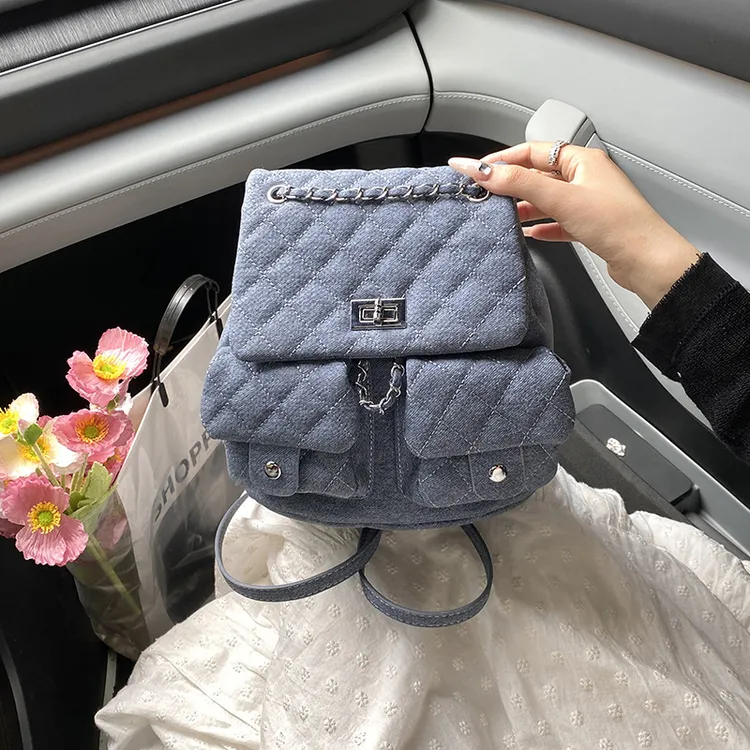 英国Daben Widod 菱格绣线链条包包新款牛仔通勤手提包锁扣双肩包