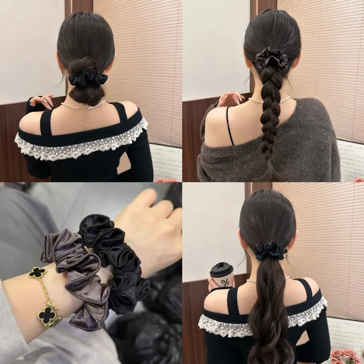 韩系高级感褶皱压边面膜花苞小肠发圈法式简约黑色低丸子头发绳商品图