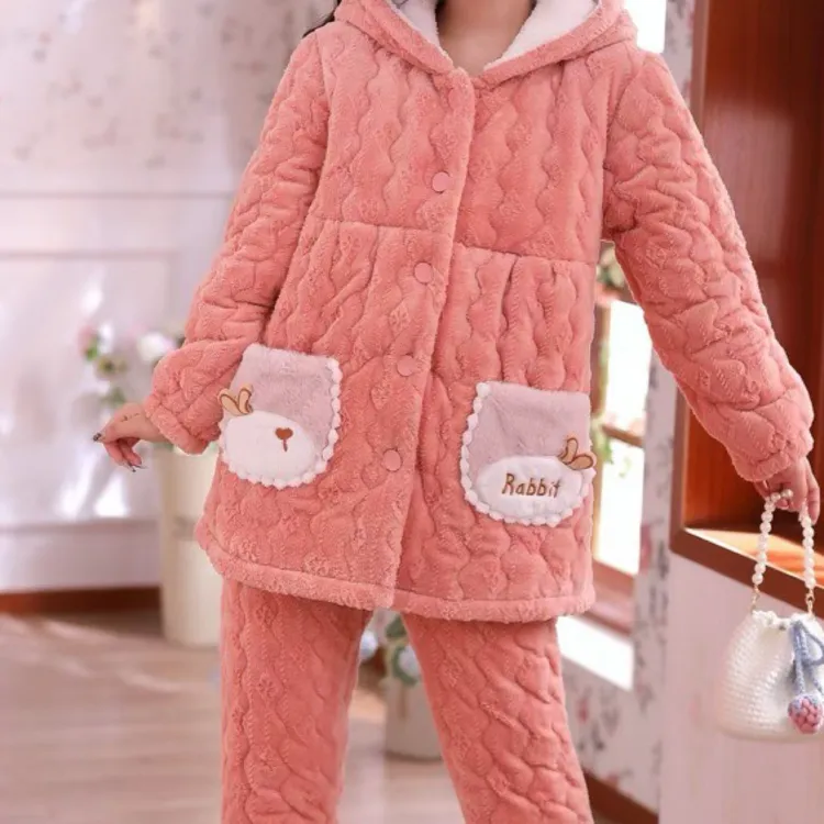 23637加绒加厚孕妇三层夹棉连帽睡衣套装