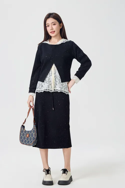 2025新款春季慵懒穿搭套装女蕾丝连帽背心下摆开叉圆领时尚三件套