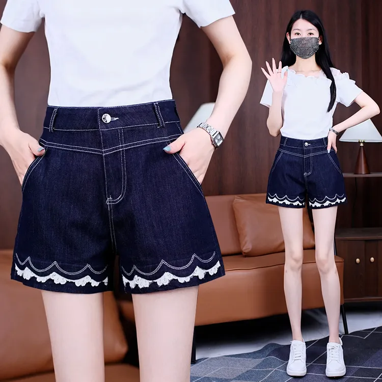 夏季牛仔短裤薄款透气常规直筒阔腿裤三分裤短裤微弹力纽扣裤子