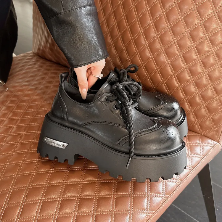 欧货厚底小皮鞋女英伦风圆头系带德比鞋小个子增高乐福鞋单鞋