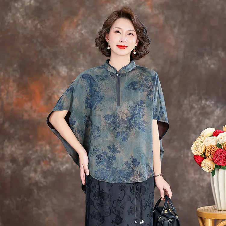 齐黛【绀紫蝶裳】花罗香云纱上衣女新中式桑蚕丝宽松胖妈妈真丝衬衫