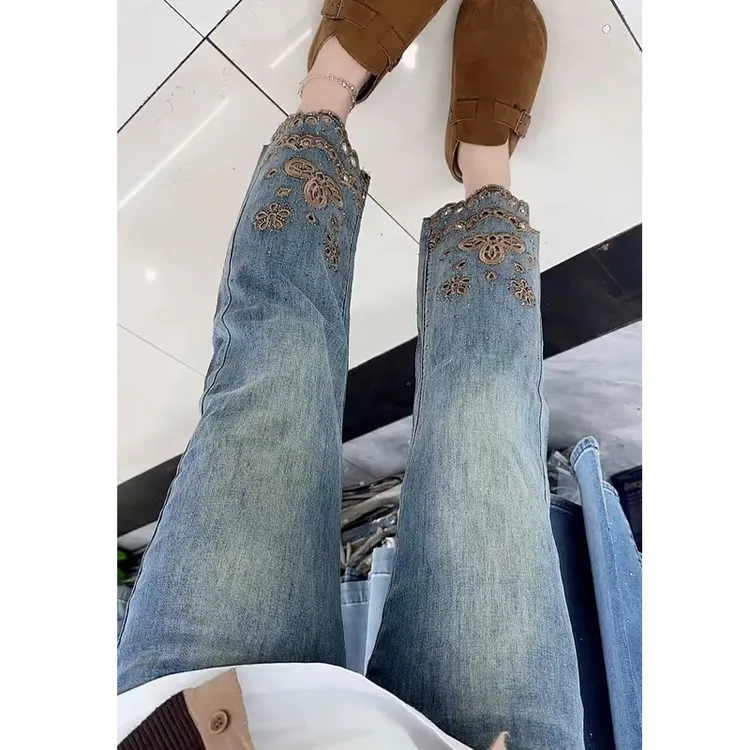 蓝色烫钻镂空刺绣烟管牛仔裤女夏季薄款大码高腰显瘦直筒九分裤子