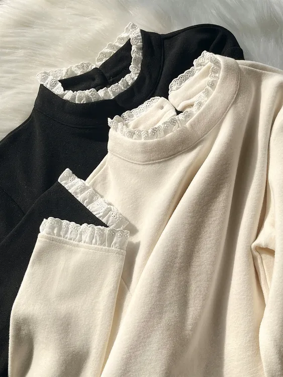 女童蕾丝花边新款半高领加厚德绒打底衫复古中大儿童保暖内搭长袖