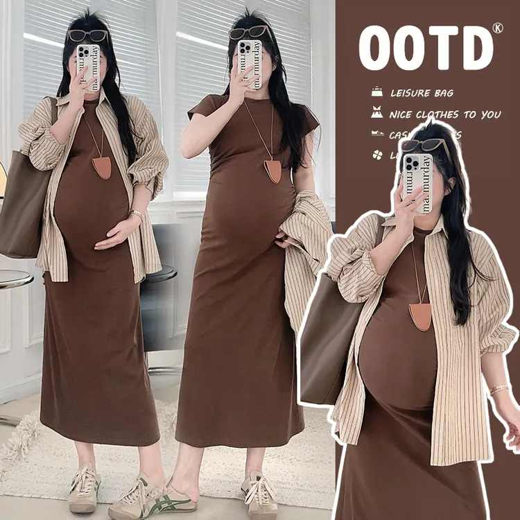 时髦孕妇装新款春夏季褶皱设计辣妹修身直筒短袖中长款衬衫连衣裙
