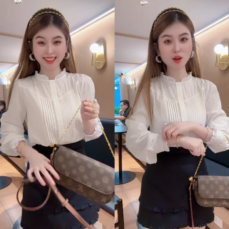 韩版温柔风高级感洋气简约休闲百搭长袖立领木耳边白色衬衫上衣女