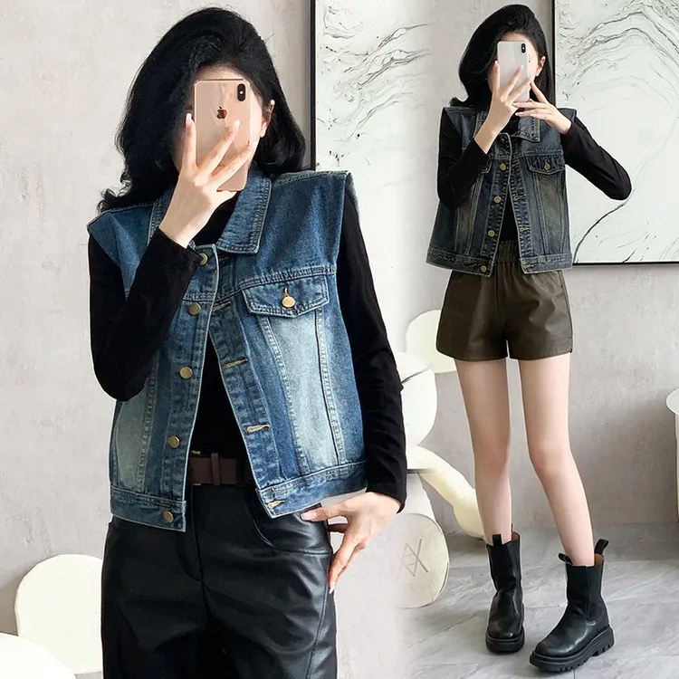 复古做旧翻领牛仔马甲女2025春秋小个子显瘦水洗宽松无袖夹克上衣