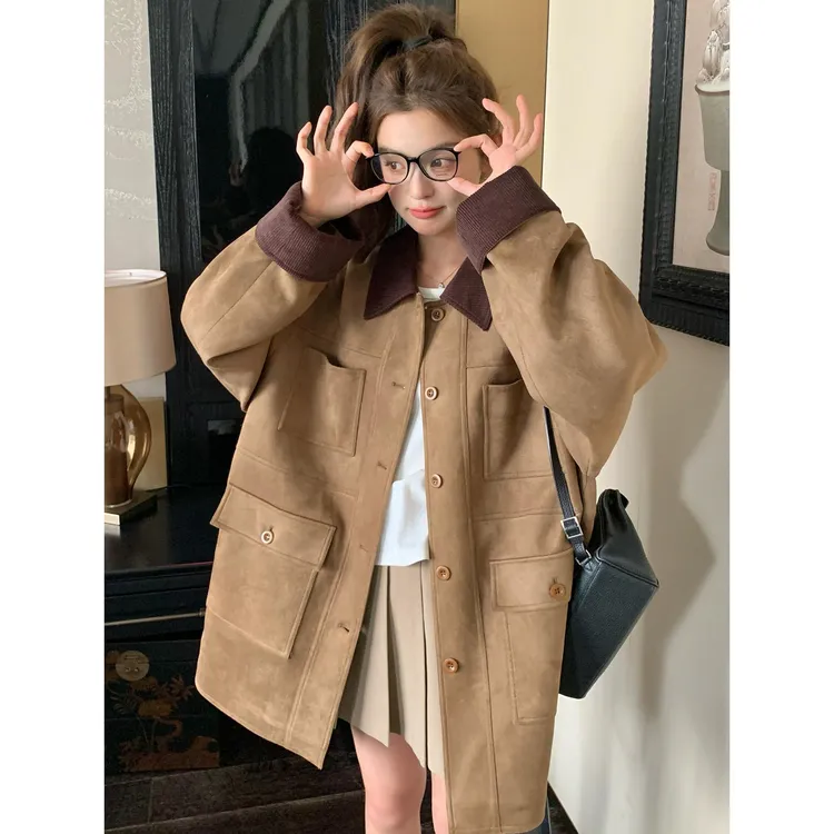 咖色覆古设计感撞色拼接麂皮绒外套女2025秋新款宽松休闲翻领上衣