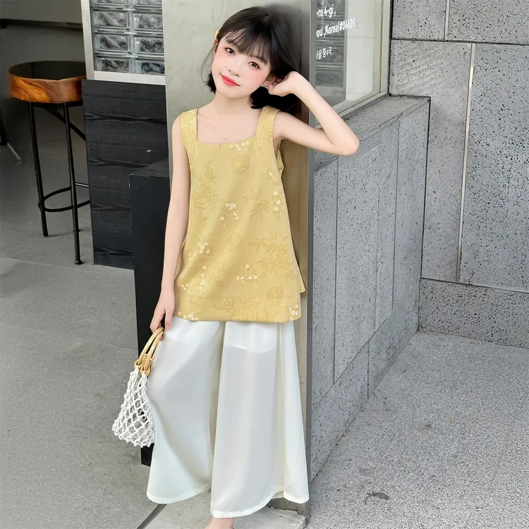 女童2025夏季新款新国风无袖吊带上衣韩版休闲宽松阔腿裤两件套潮