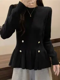 9263#收腰毛衣女秋季大码胖MM显瘦上衣别致荷叶边针织打底衫时尚