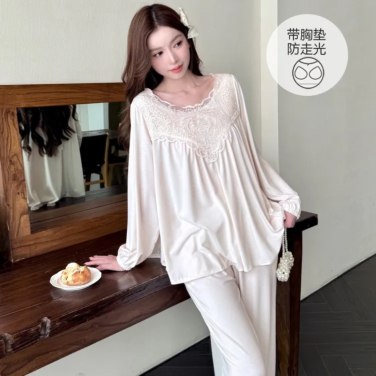 带胸垫睡衣女款爆款2025新款春秋季长袖夏季女士莫代尔家居服套装