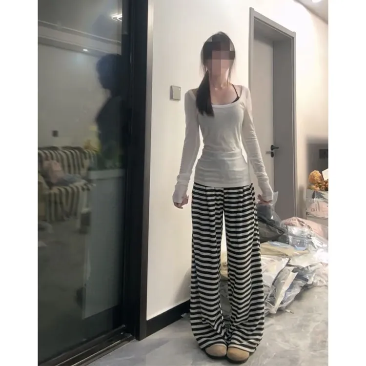 2025早秋新款韩系穿搭修身百搭长袖上衣气质高腰显瘦条纹阔腿长裤