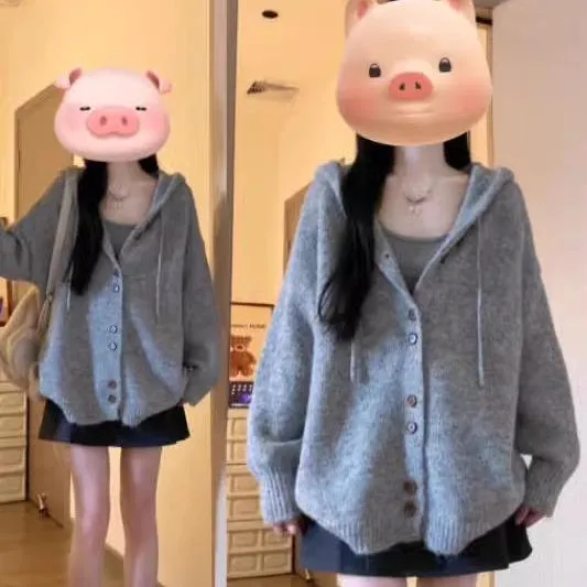 范哲萨灰色连帽毛衣开衫外套女秋季韩系穿搭宽松软糯慵懒风针织衫