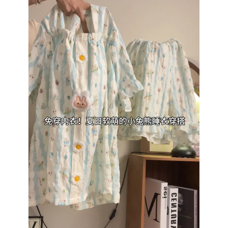 胸垫睡衣女夏季薄款短袖套装2025新款可爱外穿网红爆款家居服小熊