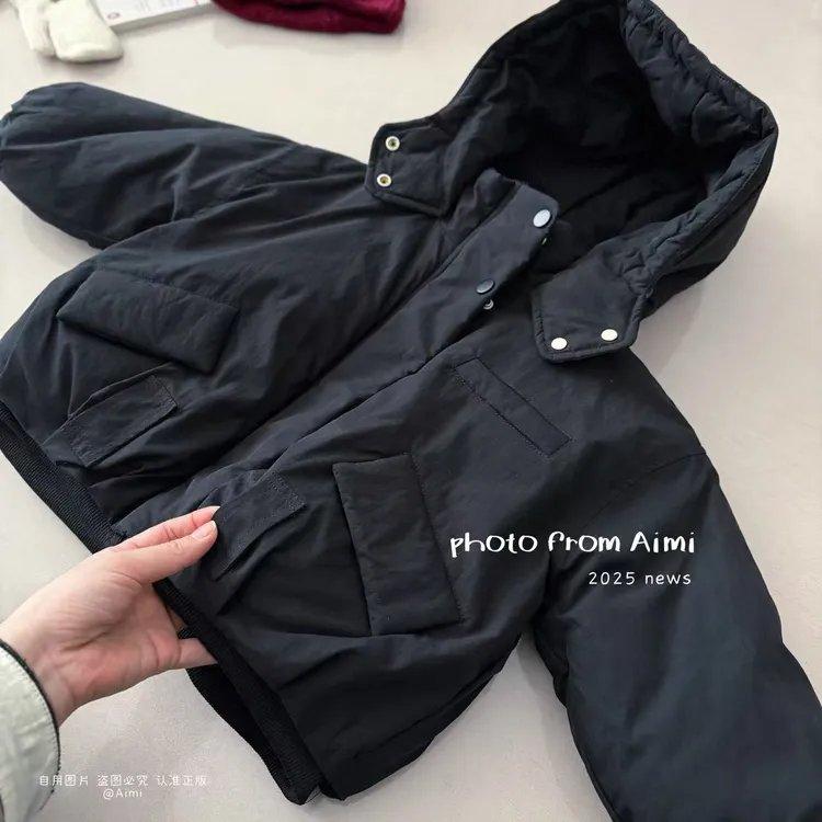 男童冬季新款韩版黑色棉服上衣加绒加厚保暖连帽外套小童加绒加绒