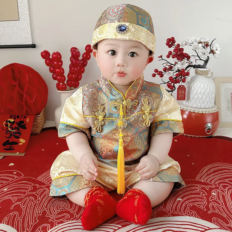 新中式宝宝周岁服儿童夏季抓周礼服男宝百天生日一岁冠衣唐装套装
